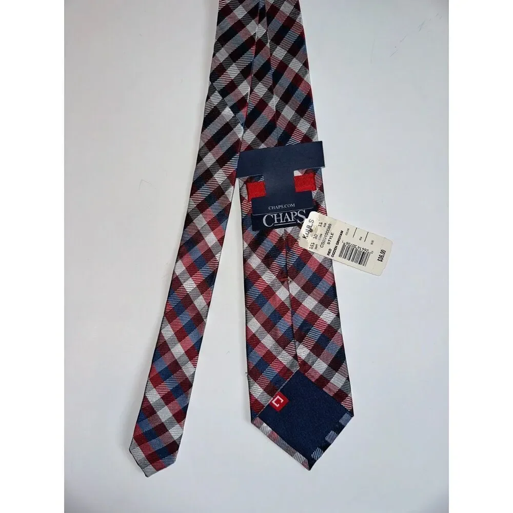 NWT Chaps Men’s Tie – Red Blue Plaid – 100% Silk – Handmade – MSRP $38